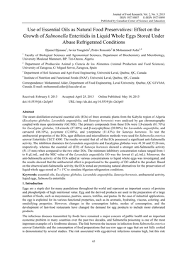 Use of Essential Oils As Natural Food Preservatives: Effect on the Growth of Salmonella Enteritidis in Liquid Whole Eggs Stored Under Abuse Refrigerated Conditions