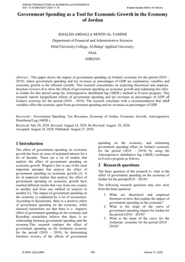 Government Spending As a Tool for Economic Growth in the Economy of Jord an of Jordan