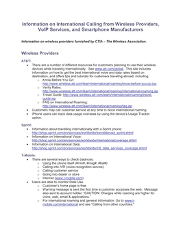 Information on International Calling from Wireless Providers, Voip Services, and Smartphone Manufacturers