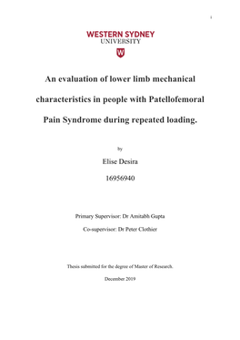 An Evaluation of Lower Limb Mechanical Characteristics in People with Patellofemoral