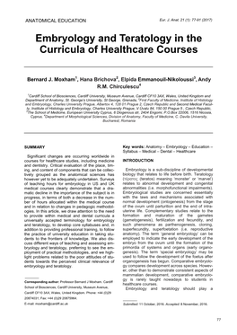 Embryology and Teratology in the Curricula of Healthcare Courses