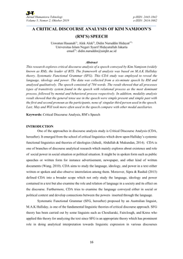 A Critical Discourse Analysis of Kim Namjoon's (Rm's) Speech