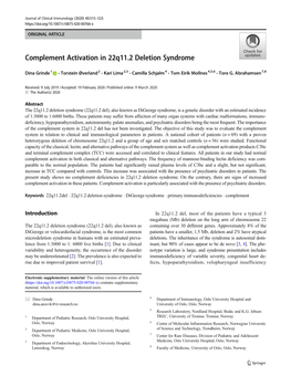 Complement Activation in 22Q11.2 Deletion Syndrome