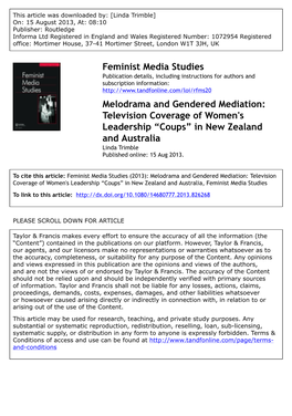 Melodrama and Gendered Mediation: Television Coverage of Women's Leadership “Coups” in New Zealand and Australia Linda Trimble Published Online: 15 Aug 2013