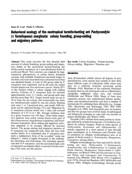 Behavioral Ecology of the Neotropical Termite-Hunting Ant Pachycondyla (: Termitopone) Marginata: Colony Founding, Group-Raiding and Migratory Patterns