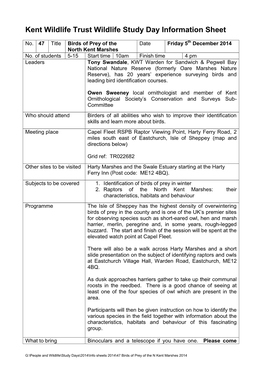 Kent Wildlife Trust Wildlife Study Day Information Sheet