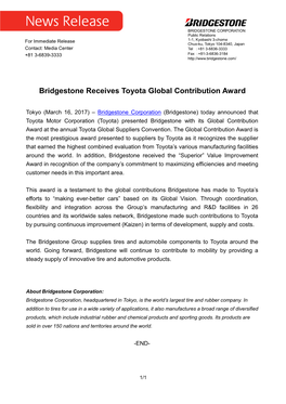 Bridgestone Receives Toyota Global Contribution Award