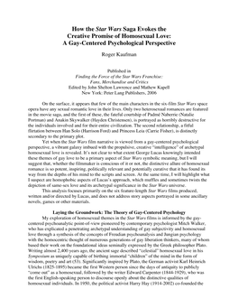 How the Star Wars Saga Evokes the Creative Promise of Homosexual Love: a Gay-Centered Psychological Perspective