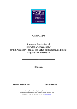 Case M1287J Proposed Acquisition of Reynolds American Inc by British