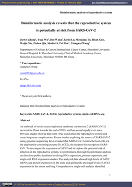 Bioinformatic Analysis Reveals That the Reproductive System Is Potentially at Risk from SARS-Cov-2