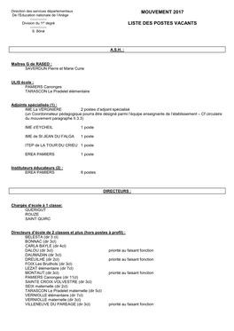 Mouvement 2017 Liste Des Postes Vacants