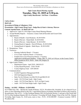 Tuesday, May 21, 2019 at 5:30 P.M. Ogle County Boardroom - 3Rd Floor - Courthouse