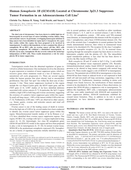 Human Semaphorin 3B (SEMA3B) Located at Chromosome 3P21.3 Suppresses Tumor Formation in an Adenocarcinoma Cell Line1