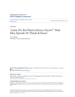 Mad Men, Episode 10, "Hands & Knees" Tim Anderson Old Dominion University, Tjanders@Odu.Edu