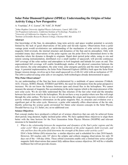 Solar Polar Diamond Explorer (Spdex): Understanding the Origins of Solar Activity Using a New Perspective A