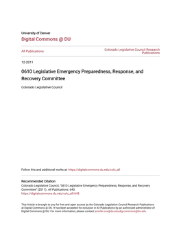 0610 Legislative Emergency Preparedness, Response, and Recovery Committee