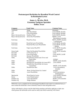 Postemergent Herbicides for Broadleaf Weed Control in Residential Lawns by James A