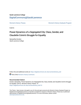 Power Dynamics of a Segregated City: Class, Gender, and Claudette Colvin’S Struggle for Equality