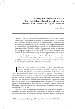 Making Abstraction Less Abstract: the Logical, Psychological, and Metaphysical Dimensions of Avicenna’S Theory of Abstraction