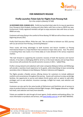 FOR IMMEDIATE RELEASE Firefly Launches Ticket Sale for Flights