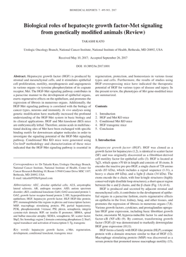 Biological Roles of Hepatocyte Growth Factor‑Met Signaling from Genetically Modified Animals (Review)