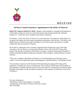 Advisory Council Announces Appointment to the Order of Nunavut