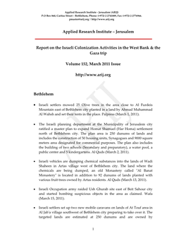 Applied Research Institute – Jerusalem Report on the Israeli Colonization Activities in the West Bank & the Gaza Trip Volu