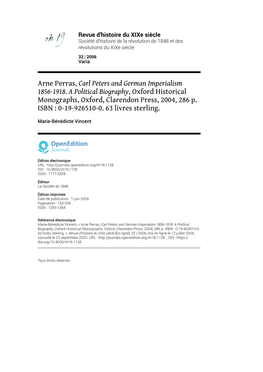 Arne Perras, Carl Peters and German Imperialism 1856-1918. a Political Biography, Oxford Historical Monographs, Oxford, Clarendon Press, 2004, 286 P
