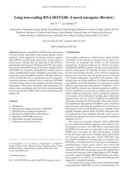 Long Non-Coding RNA HOTAIR: a Novel Oncogene (Review)