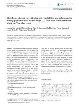 Morphometric and Meristic Character Variability and Relationships Among Populations of Boops Boops (L.) from Four Marine Stations Along the Tunisian Coast