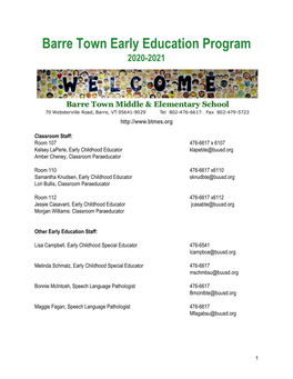 Barre Town Early Education Program 2020-2021