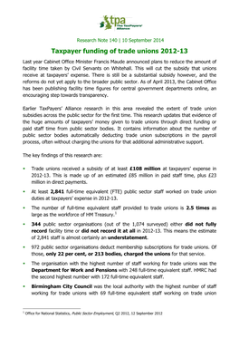 Taxpayer Funding of Trade Unions 2012-13