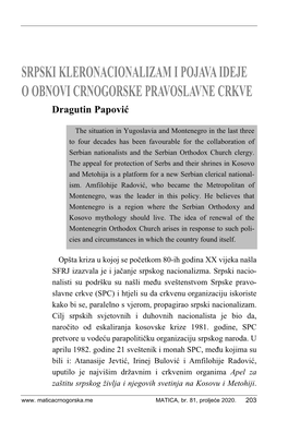 SRPSKI KLERONACIONALIZAM I POJAVA IDEJE O OBNOVI CRNOGORSKE PRAVOSLAVNE CRKVE Dragutin Papović