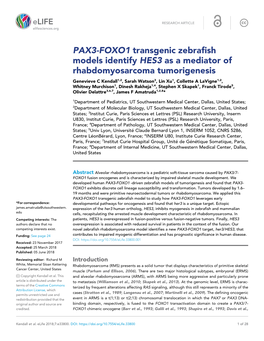 PAX3-FOXO1 Transgenic Zebrafish Models Identify HES3 As a Mediator