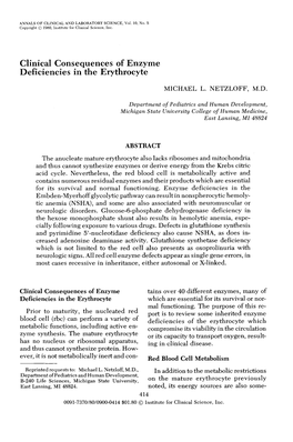 Clinical Consequences of Enzyme Deficiencies in the Erythrocyte