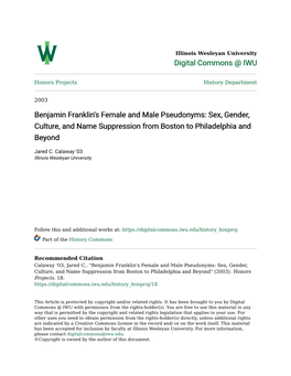 Benjamin Franklin's Female and Male Pseudonyms: Sex, Gender, Culture, and Name Suppression from Boston to Philadelphia and Beyond