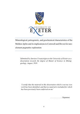 Mineralogical, Petrogenetic, and Geochemical Characteristics of the Meldon Aplite and Its Implications to Cornwall and Devon for Rare- Element Pegmatite Exploration