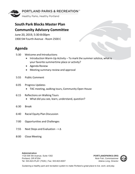 South Park Blocks Master Plan Community Advisory Committee June 20, 2019, 5:30-8:00Pm 1900 SW Fourth Avenue - Room 2500 C