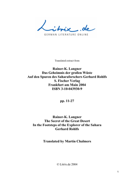 Rainer-K. Langner Das Geheimnis Der Großen Wüste Auf Den Spuren Des Saharaforschers Gerhard Rohlfs S. Fischer Verlag Frankfurt Am Main 2004 ISBN 3-10-043930-9