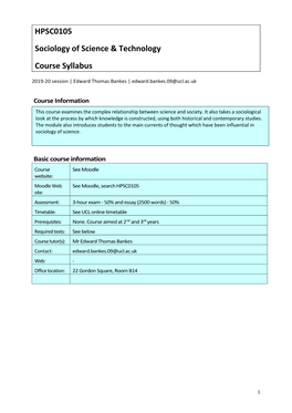 HPSC0105 Sociology of Science & Technology Course Syllabus