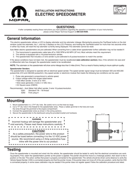 General Information Mounting Testing ELECTRIC SPEEDOMETER