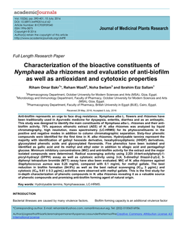 Characterization of the Bioactive Constituents of Nymphaea Alba Rhizomes and Evaluation of Anti-Biofilm As Well As Antioxidant and Cytotoxic Properties
