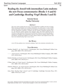 Reading the Aeneid with Intermediate Latin Students: the New Focus Commentaries (Books 1-4 and 6) and Cambridge Reading Virgil (Books I and II)