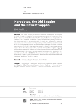 Herodotus, the Old Sappho and the Newest Sappho Giulia Donelli University of Bristol, UK