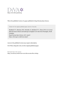 Mid-Devensian Climate and Landscape in England: New Data from Finningley, South Yorkshire Royal Society Open Science, 6(7): 190577