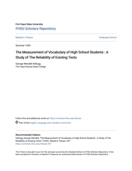 The Measurement of Vocabulary of High School Students : a Study of the Reliability of Existing Tests