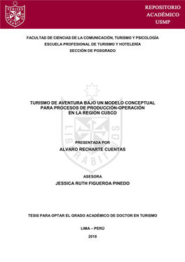 Turismo De Aventura Bajo Un Modelo Conceptual Para Procesos De Producción-Operación En La Región Cusco Alvaro Recharte Cuen