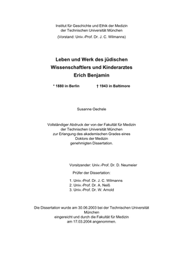 Leben Und Werk Des Jüdischen Wissenschaftlers Und Kinderarztes Erich Benjamin