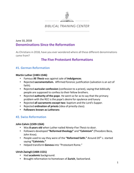 Denominations Since the Reformation the Five Protestant Reformations