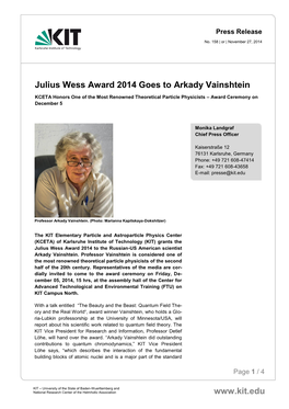Julius Wess Award 2014 Goes to Arkady Vainshtein
